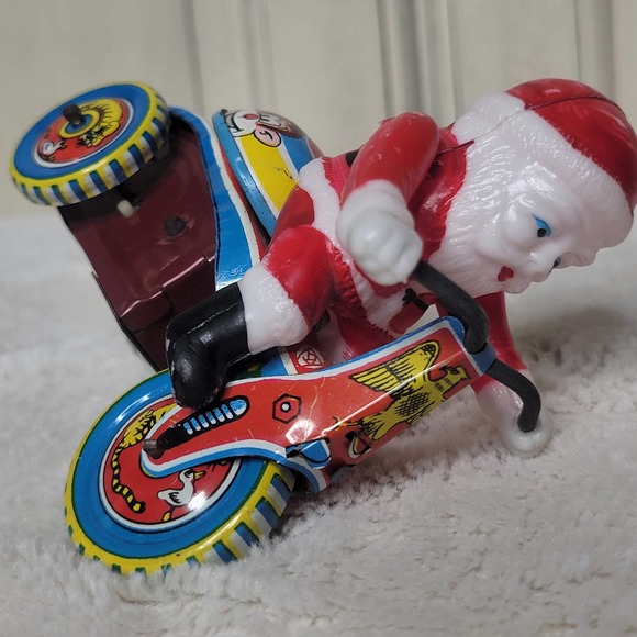 VTG Japan Mechanical WindUp Tin Celluloid Bell Toy Santa Bike Tricycle✨️WORKS - Picture 11 of 13